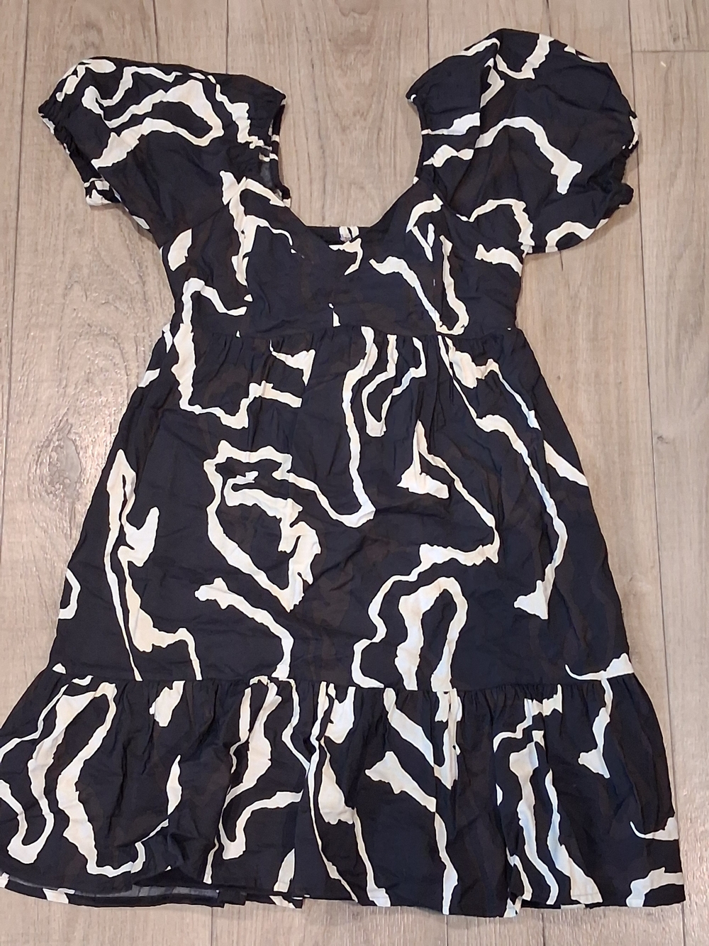 Nine West Abstract Puff Sleeve Mini Dress XS | Black White Brown | Flowy